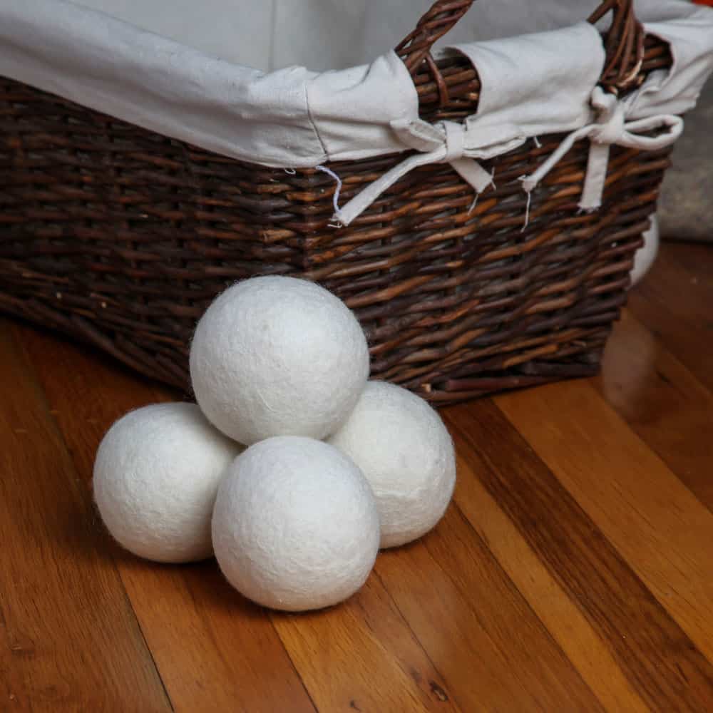 Wool dryer balls near basket