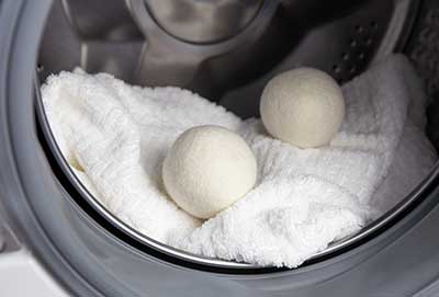 Wool dryer balls in use